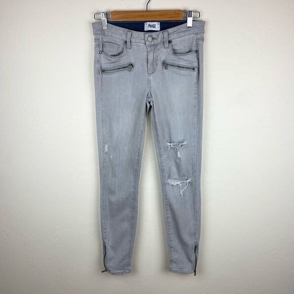 Paige Jane Zip Moto Distressed Ankle Jean - Gray - Picture 1 of 7